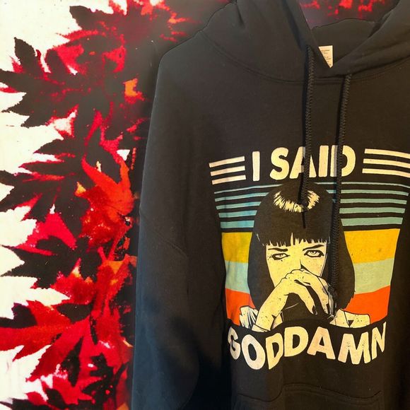 Pulp Fiction ‘I Said Goddamn’ Hoodie Large Pullover Black Uma Thurman Tarantino - Picture 3 of 6